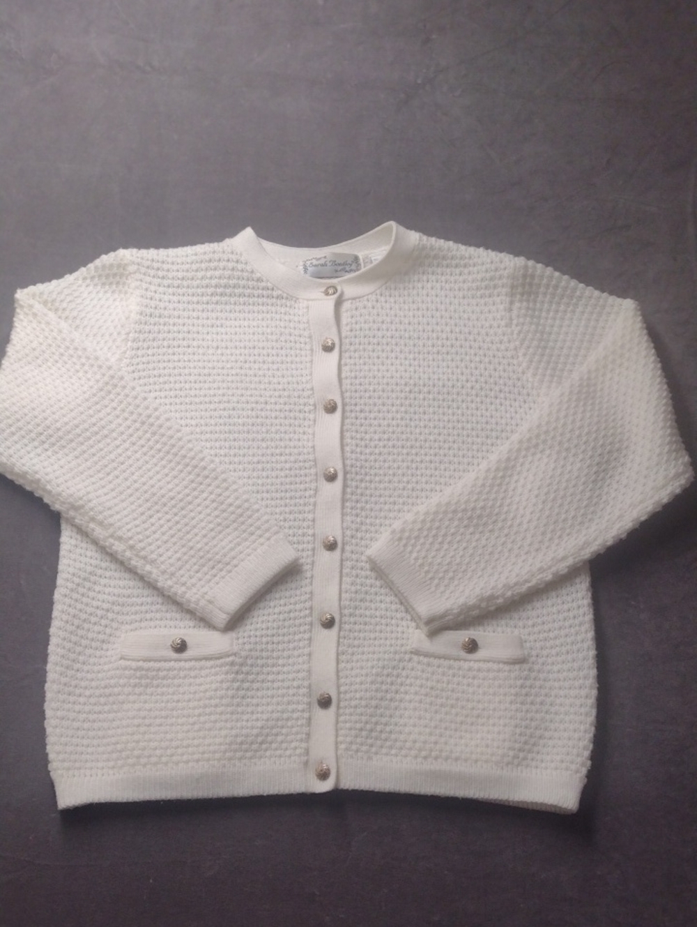 Vtg S Ivory Knit Button-Front Grandmacore Waffle Knit Cardigan Sweater Gold Tone